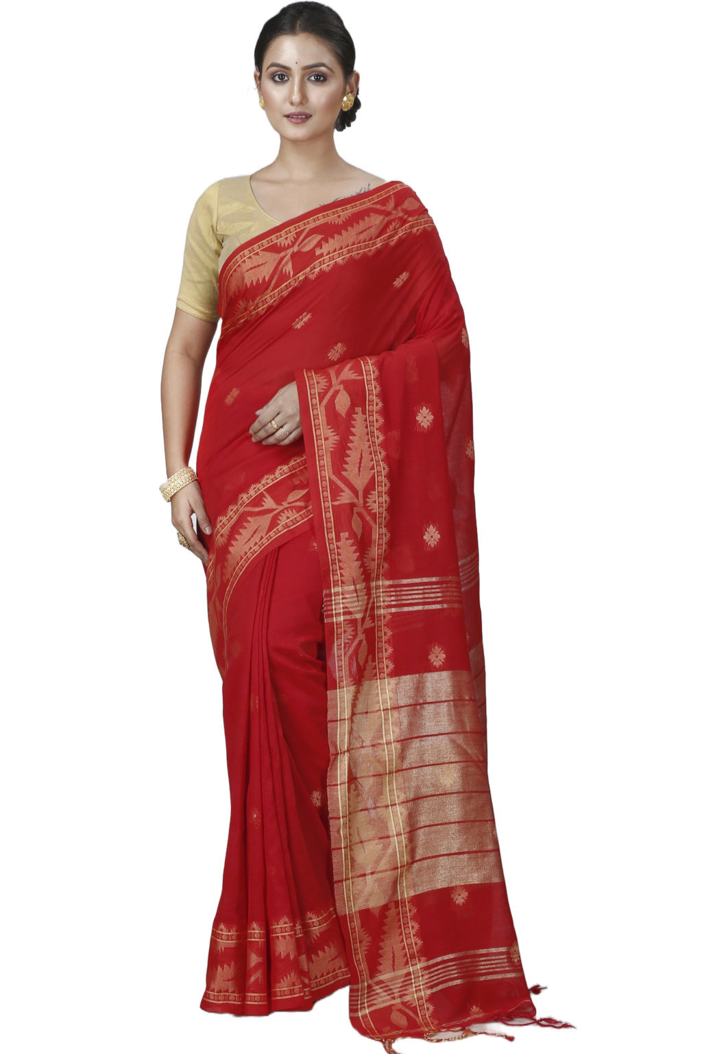 Red Pure Cotton Tuma Hand Loom Saree (1195)